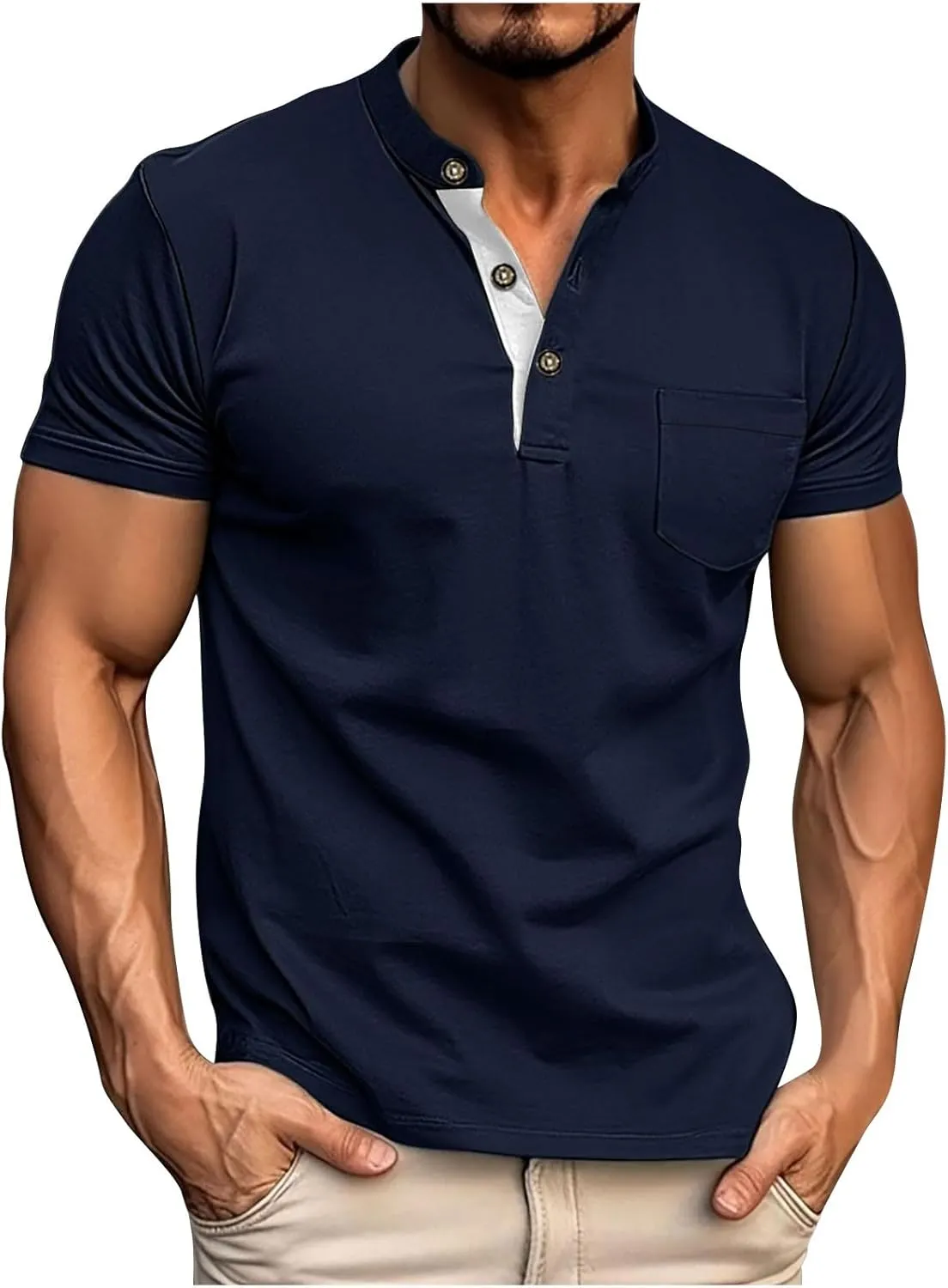 Men's Quick-Dry Short Sleeve Athletic Performance Polo Shirt Solid Color Button Stand-up Collar Pullover Golf Shirts