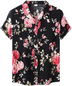 Men's Short Sleeve Shirts Vintage Floral Hawaiian Tops Quick Dry Breathable Dress Shirts