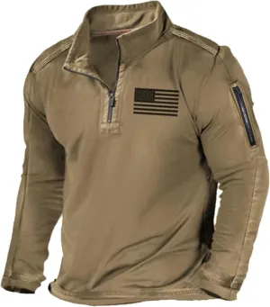 Mens Tactical Sweatshirts with No Hood Long Sleeve Stand Collar Casual 1/4 Zip American Flag Patriotic Pullover Sweater Tops