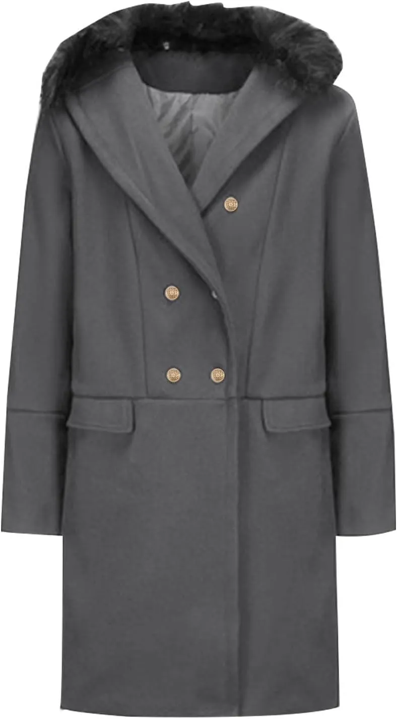 Men's Trench Coat Double Breasted Pea Coat Faux Fur Collar Long Coat Long Sleeve Lapel Overcoat Warm Winter Outwear