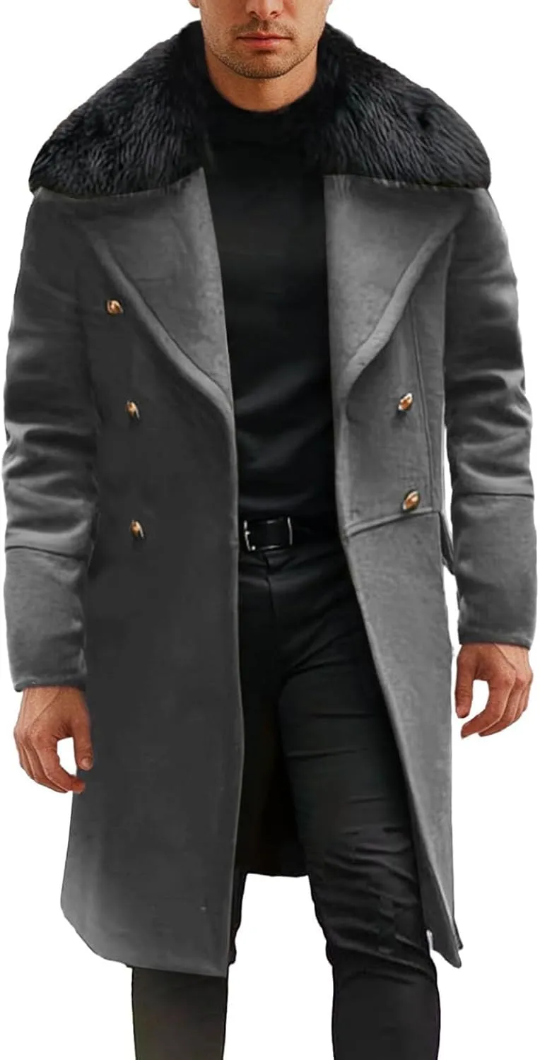 Men's Trench Coat Double Breasted Pea Coat Faux Fur Collar Long Coat Long Sleeve Lapel Overcoat Warm Winter Outwear