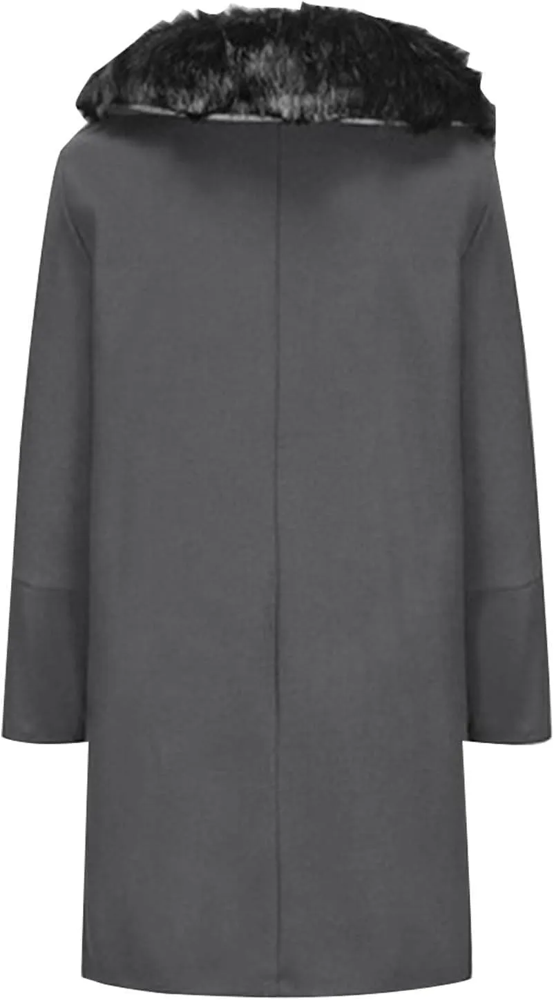 Men's Trench Coat Double Breasted Pea Coat Faux Fur Collar Long Coat Long Sleeve Lapel Overcoat Warm Winter Outwear