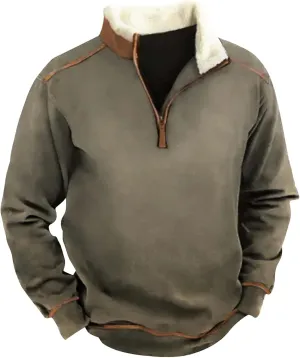 Men's Vintage Western Cowboy Zipper Sweatshirt Fluffy Fleece Sweater 1/4 Zip Stand Collar Cowboy Print Jacket Coats