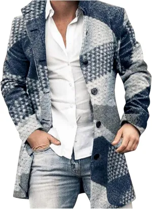 Mens Woolen Blend Jacket Double Breasted Trench Coat Lapel Mid Length Peacoat Winter Outerwear