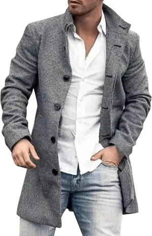 Mens Woolen Blend Jacket Double Breasted Trench Coat Lapel Mid Length Peacoat Winter Outerwear