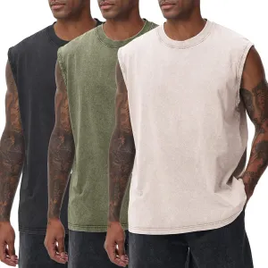 Mens Workout Tank Tops Sleeveless Tee Shirts Men Muscle Shirt Gym Acid Wash T Shirts Running Beach Loose Fit Tee