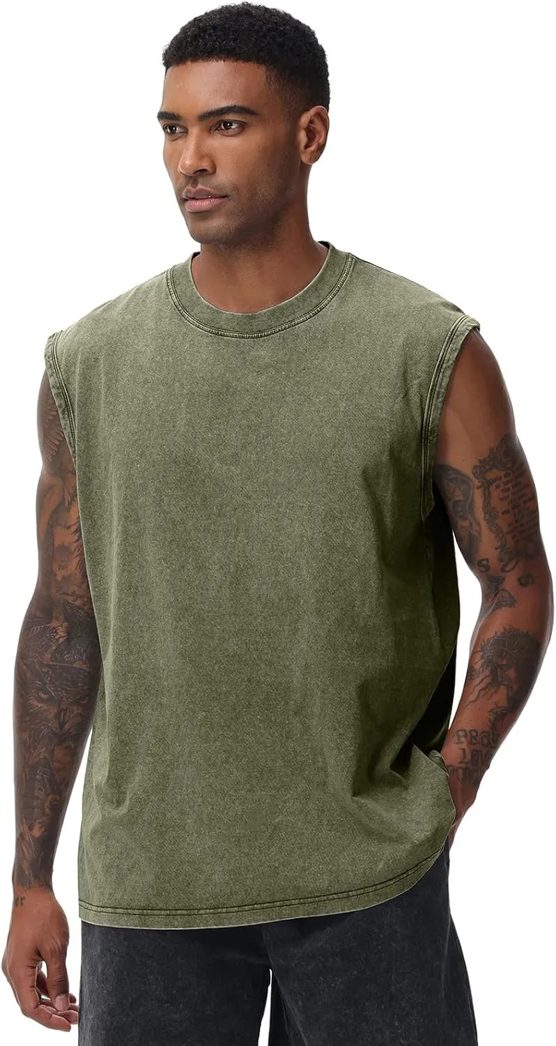 Mens Workout Tank Tops Sleeveless Tee Shirts Men Muscle Shirt Gym Acid Wash T Shirts Running Beach Loose Fit Tee