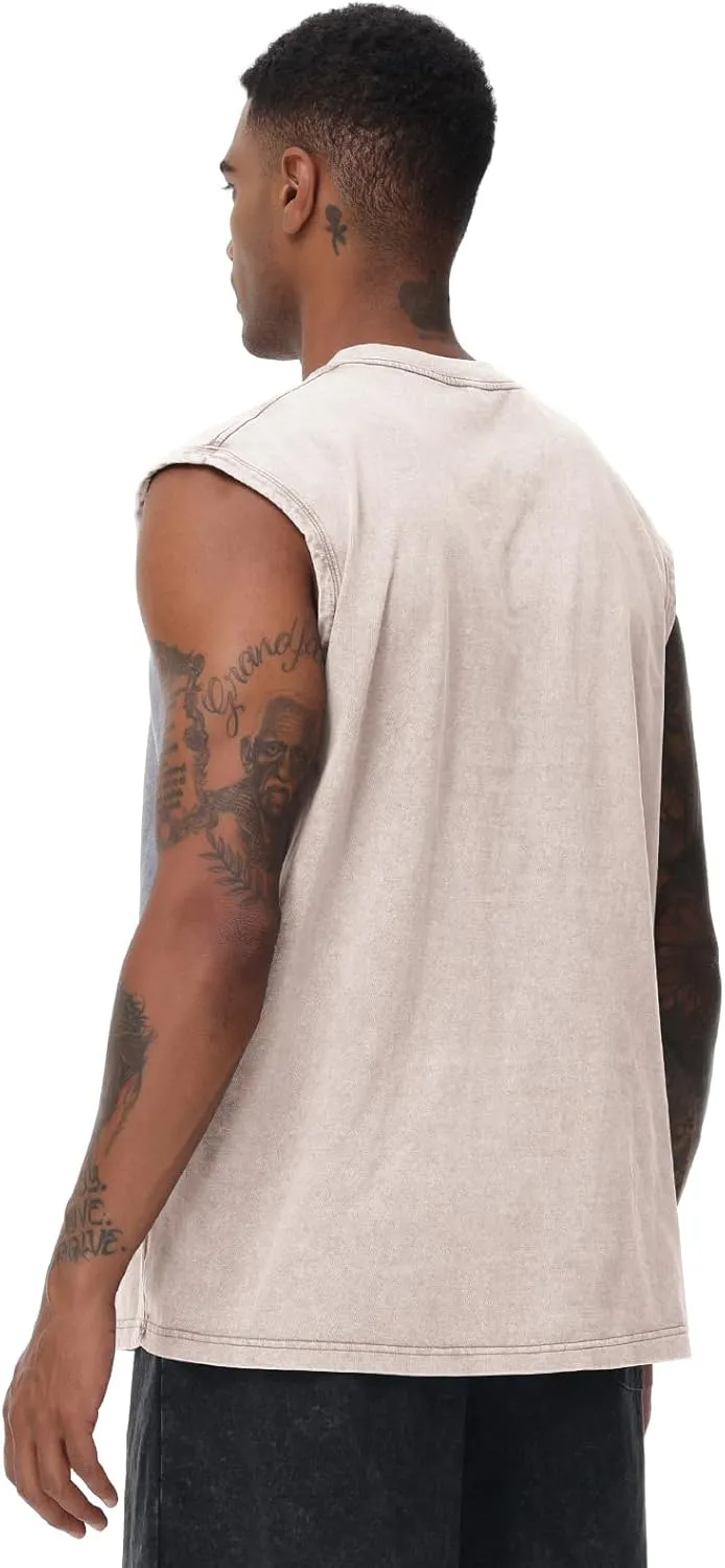 Mens Workout Tank Tops Sleeveless Tee Shirts Men Muscle Shirt Gym Acid Wash T Shirts Running Beach Loose Fit Tee
