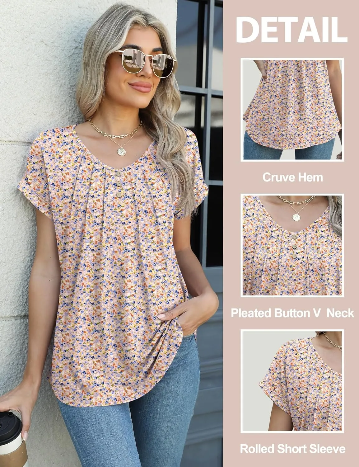 Micoson Women's V Neck T Shirts Short Sleeve Shirts Summer Blouses Pleated Button Tunic Tops Dressy Casual
