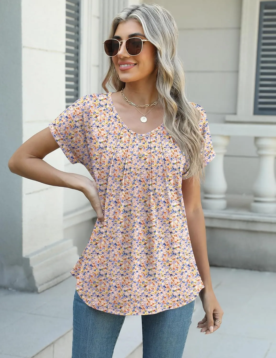 Micoson Women's V Neck T Shirts Short Sleeve Shirts Summer Blouses Pleated Button Tunic Tops Dressy Casual