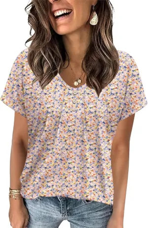 Micoson Women's V Neck T Shirts Short Sleeve Shirts Summer Blouses Pleated Button Tunic Tops Dressy Casual