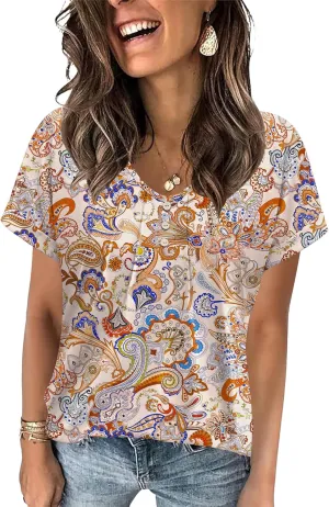 Micoson Women's V Neck T Shirts Short Sleeve Shirts Summer Blouses Pleated Button Tunic Tops Dressy Casual