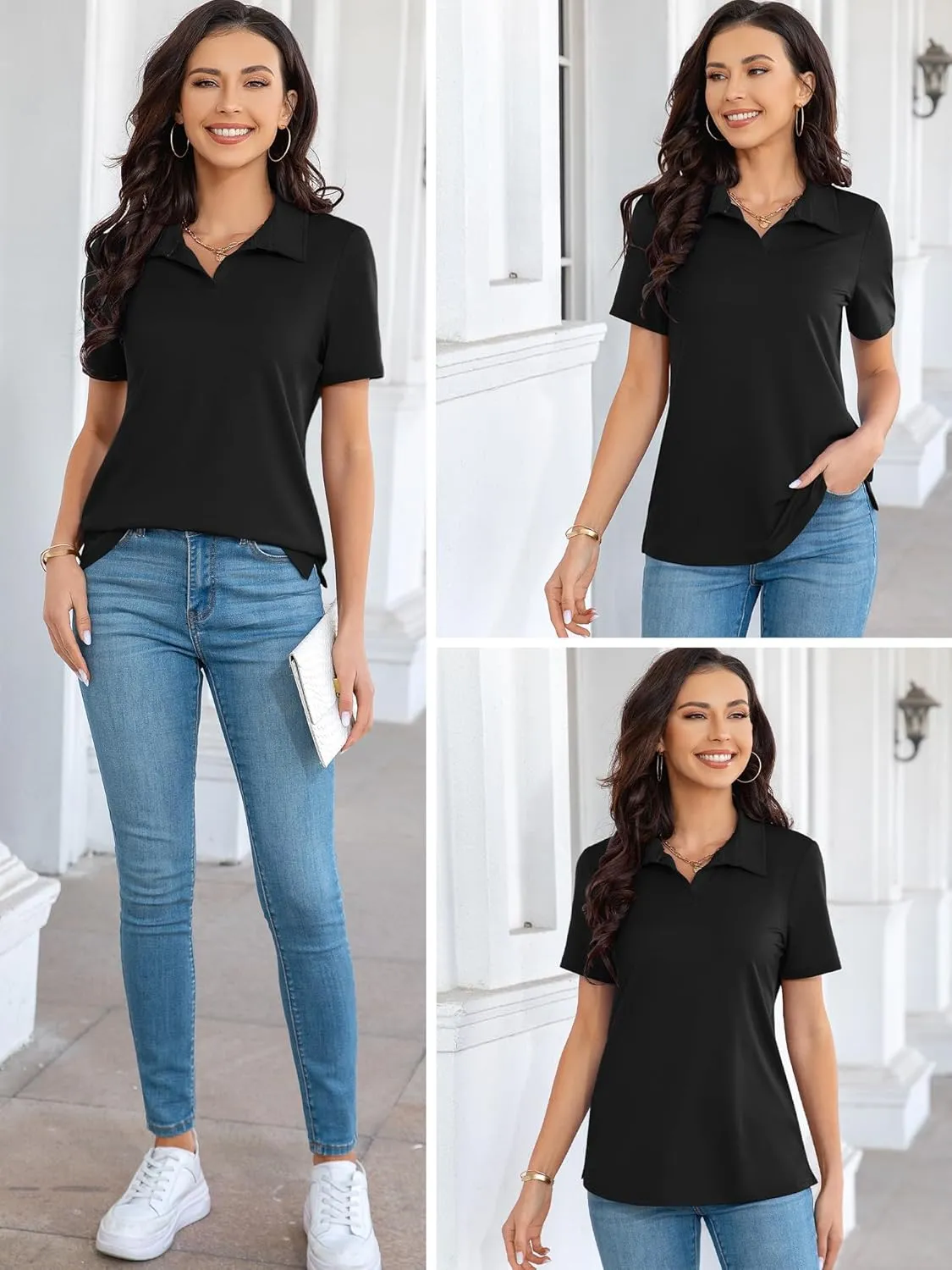 MK Shop Limited Polo Shirts for Women Business Casual Work Lapel Collared Tops V Neck Summer Golf Polos Tunic Blouse
