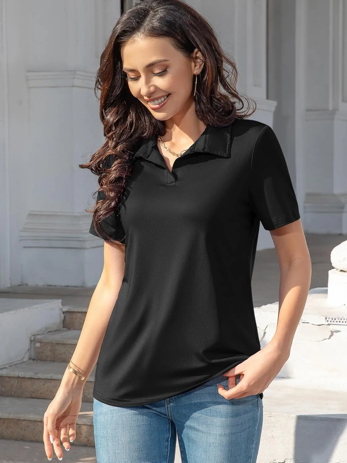 MK Shop Limited Polo Shirts for Women Business Casual Work Lapel Collared Tops V Neck Summer Golf Polos Tunic Blouse
