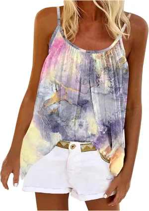 Mzkdieey Tank Tops for Women Pleated Spaghetti Strap Camisole Summer Casual Floral Print Sleeveless Loose Fit Basic Tee Shirt