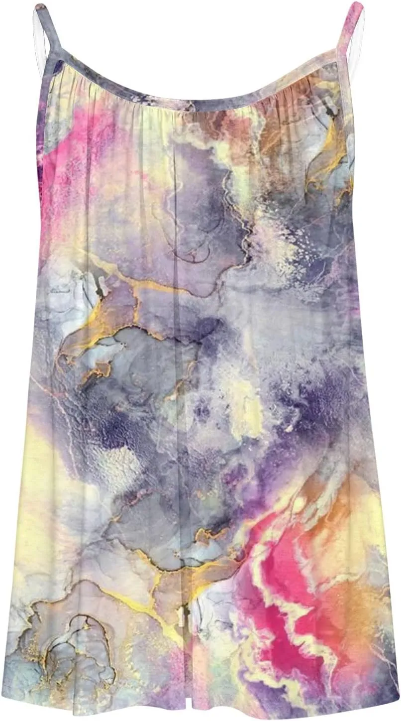 Mzkdieey Tank Tops for Women Pleated Spaghetti Strap Camisole Summer Casual Floral Print Sleeveless Loose Fit Basic Tee Shirt