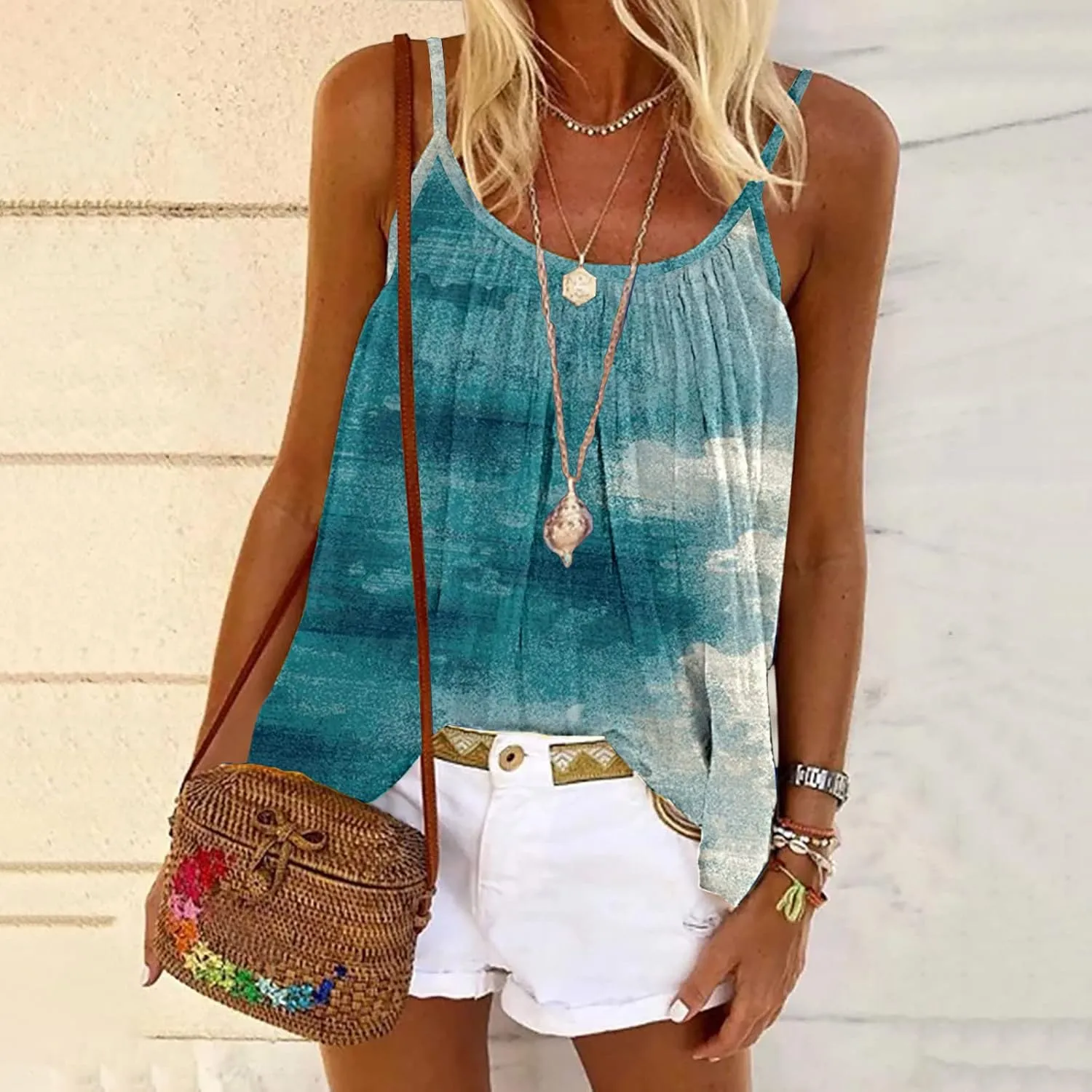 Mzkdieey Tank Tops for Women Pleated Spaghetti Strap Camisole Summer Casual Floral Print Sleeveless Loose Fit Basic Tee Shirt