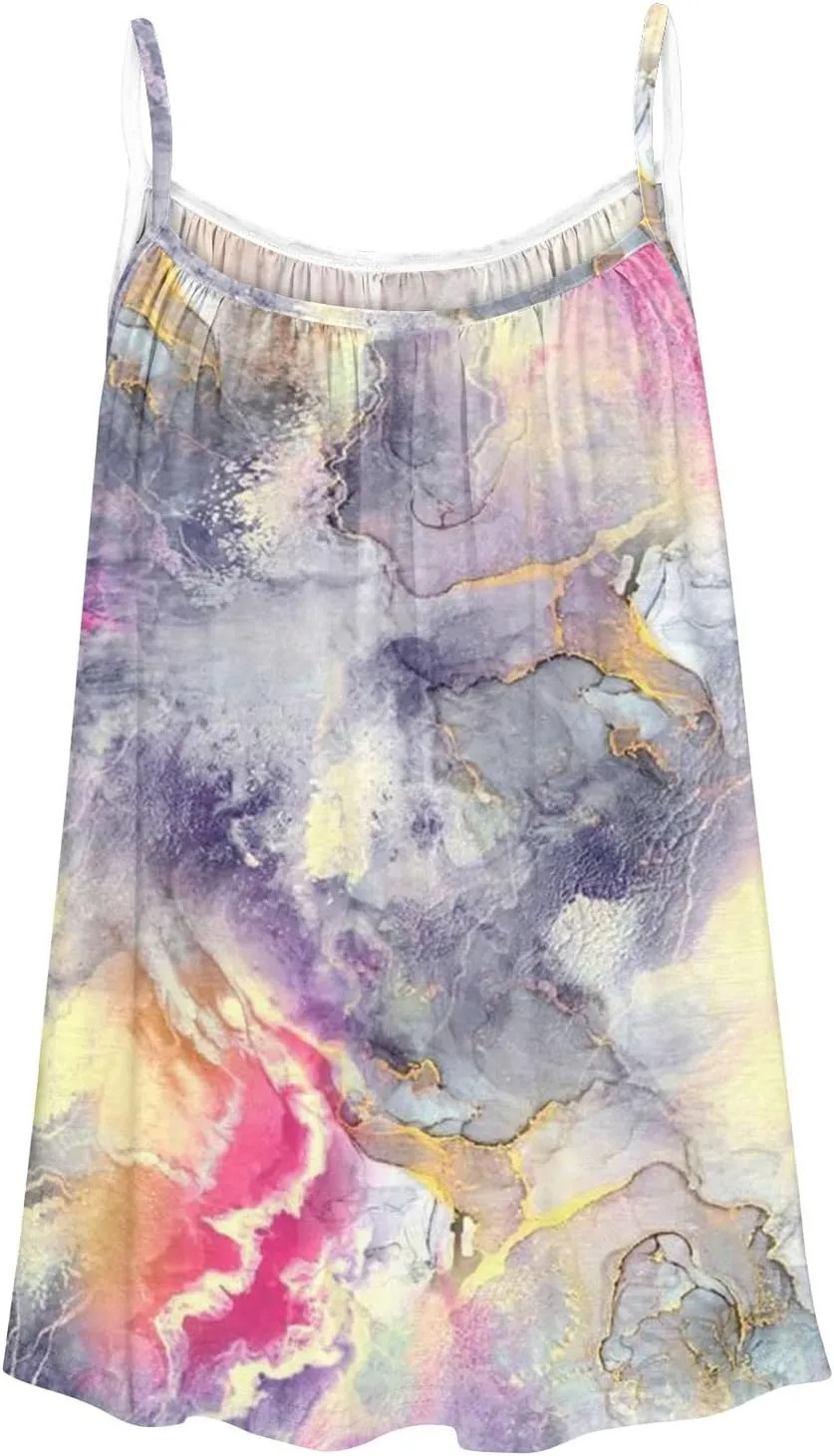 Mzkdieey Tank Tops for Women Pleated Spaghetti Strap Camisole Summer Casual Floral Print Sleeveless Loose Fit Basic Tee Shirt