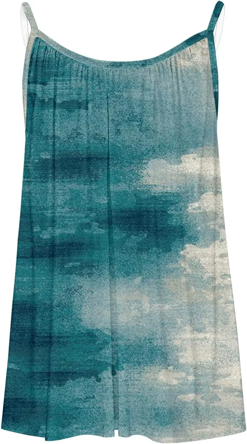 Mzkdieey Tank Tops for Women Pleated Spaghetti Strap Camisole Summer Casual Floral Print Sleeveless Loose Fit Basic Tee Shirt