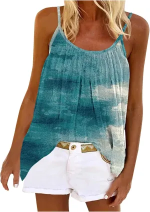 Mzkdieey Tank Tops for Women Pleated Spaghetti Strap Camisole Summer Casual Floral Print Sleeveless Loose Fit Basic Tee Shirt
