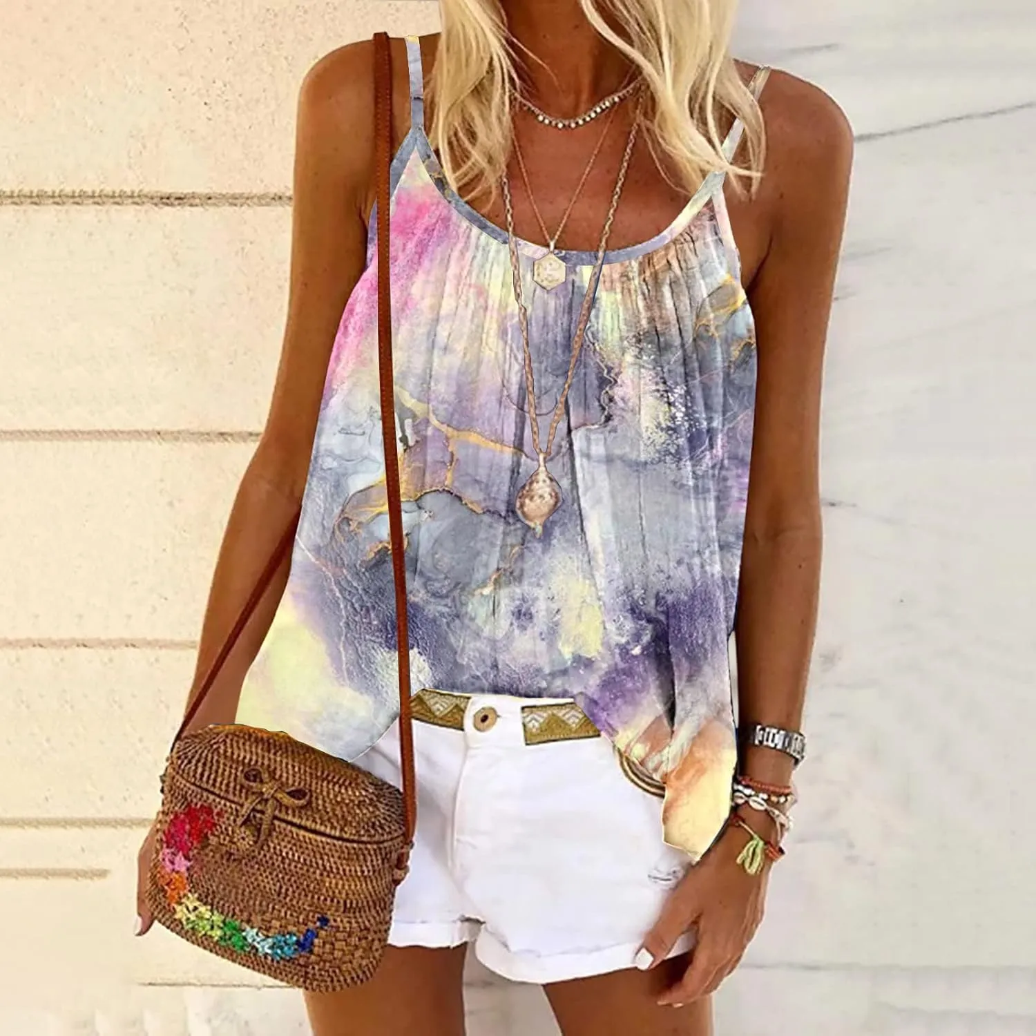 Mzkdieey Tank Tops for Women Pleated Spaghetti Strap Camisole Summer Casual Floral Print Sleeveless Loose Fit Basic Tee Shirt