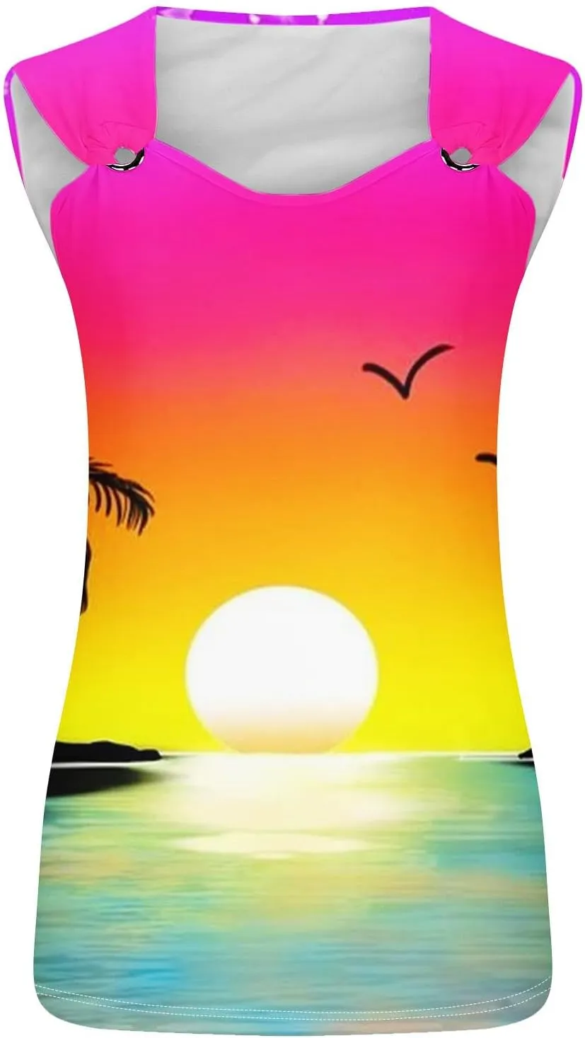 Mzkdieey Women's Sunset Beach Palm Tree Tank Tops Sexy Hollow Out Sweet O Ring Camisole Summer Hawaiian Beach Tee Shirts