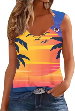 Mzkdieey Women's Sunset Beach Palm Tree Tank Tops Sexy Hollow Out Sweet O Ring Camisole Summer Hawaiian Beach Tee Shirts