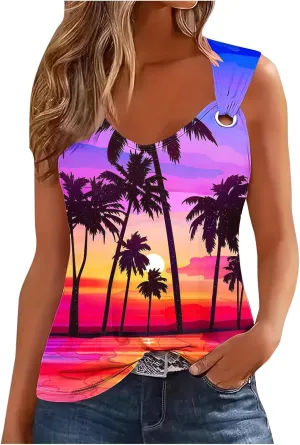 Mzkdieey Women's Sunset Beach Palm Tree Tank Tops Sexy Hollow Out Sweet O Ring Camisole Summer Hawaiian Beach Tee Shirts