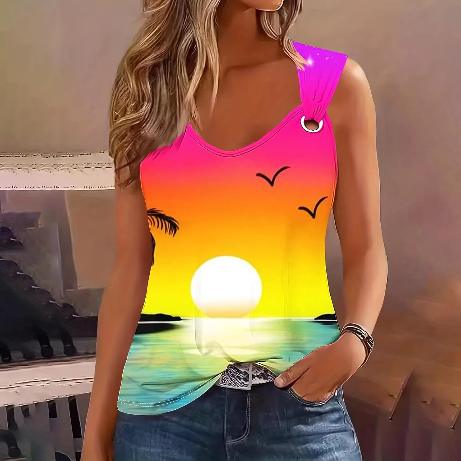 Mzkdieey Women's Sunset Beach Palm Tree Tank Tops Sexy Hollow Out Sweet O Ring Camisole Summer Hawaiian Beach Tee Shirts