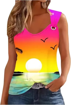 Mzkdieey Women's Sunset Beach Palm Tree Tank Tops Sexy Hollow Out Sweet O Ring Camisole Summer Hawaiian Beach Tee Shirts