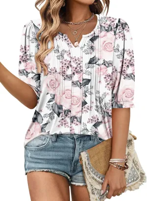 ONLYSHE Women's 3/4 Length Shirts Summer Floral Tunic Tops V Neck Shirts Loose Fit Henly Blouse for Leggings