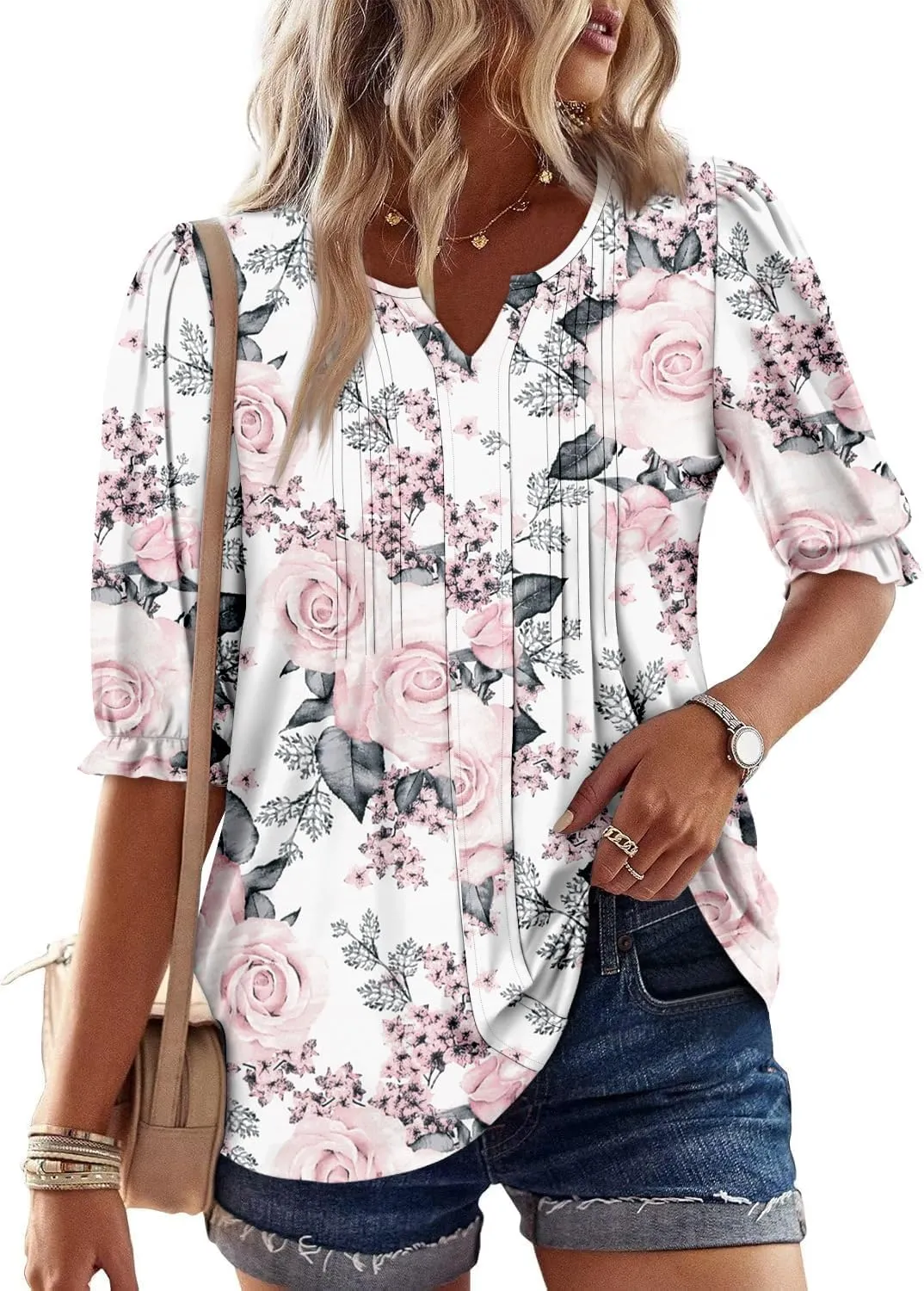 ONLYSHE Women's 3/4 Length Shirts Summer Floral Tunic Tops V Neck Shirts Loose Fit Henly Blouse for Leggings