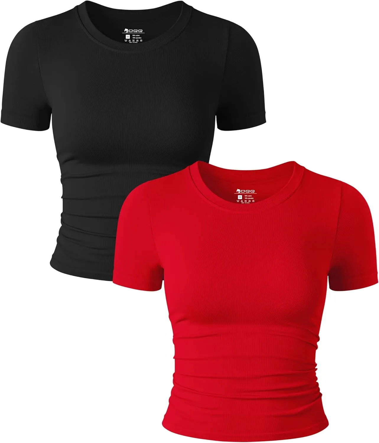 OQQ Womens 2 Piece Shirts Short Sleeve Crew Neck Ruched Stretch Fitted Tee Shirts Crop Tops
