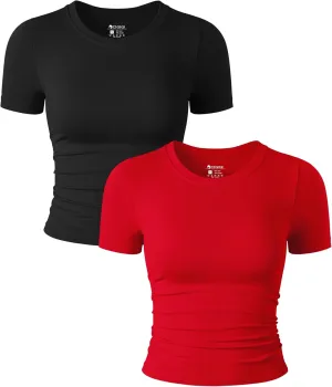 OQQ Womens 2 Piece Shirts Short Sleeve Crew Neck Ruched Stretch Fitted Tee Shirts Crop Tops