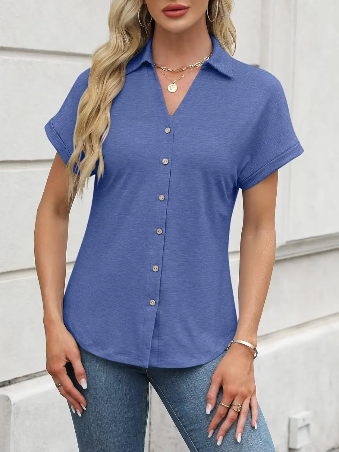 ORANDESIGNE Women's Short Sleeve Polo Tops Summer Button Down Collared T Shirts Casual Cute Ladies Tees
