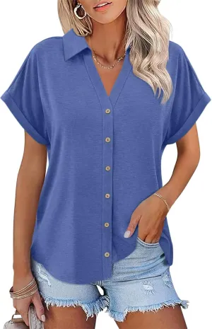 ORANDESIGNE Women's Short Sleeve Polo Tops Summer Button Down Collared T Shirts Casual Cute Ladies Tees
