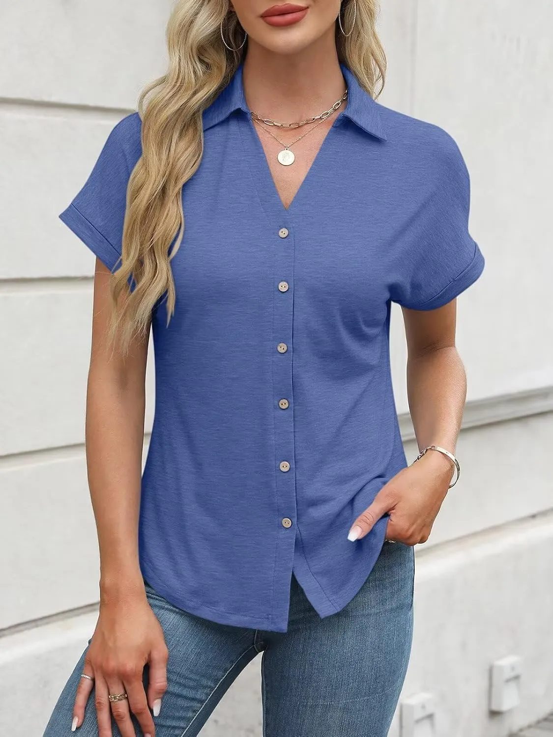 ORANDESIGNE Women's Short Sleeve Polo Tops Summer Button Down Collared T Shirts Casual Cute Ladies Tees
