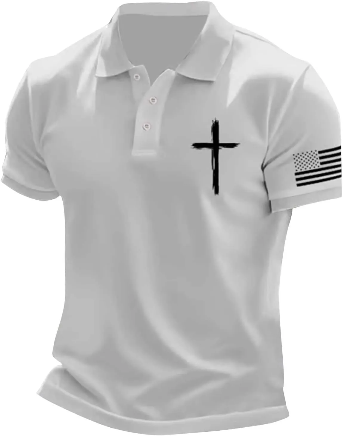 Patriotic Polo Shirts for Men 4th of July Flag Christian Faith Cross Printed Short Sleeve Button Lapel Golf Shirts