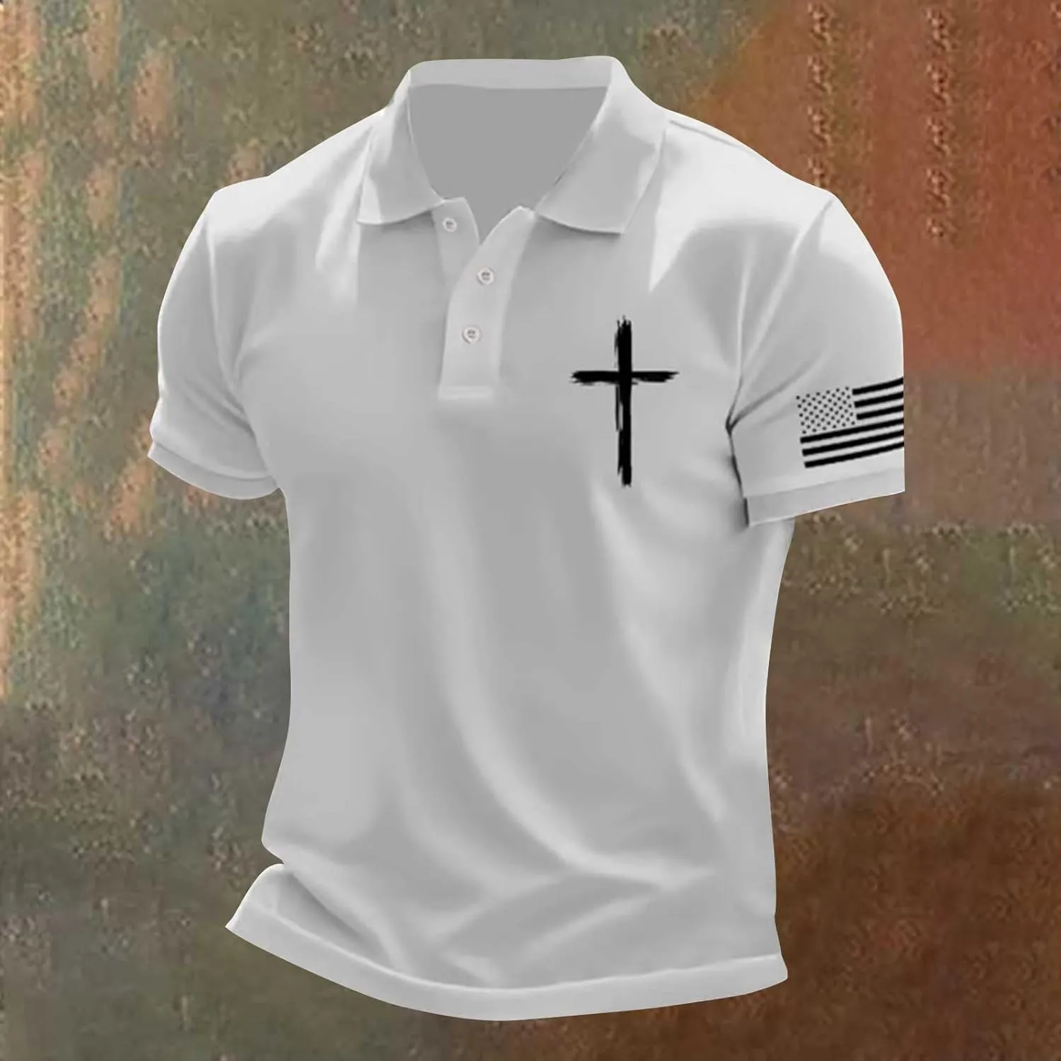Patriotic Polo Shirts for Men 4th of July Flag Christian Faith Cross Printed Short Sleeve Button Lapel Golf Shirts