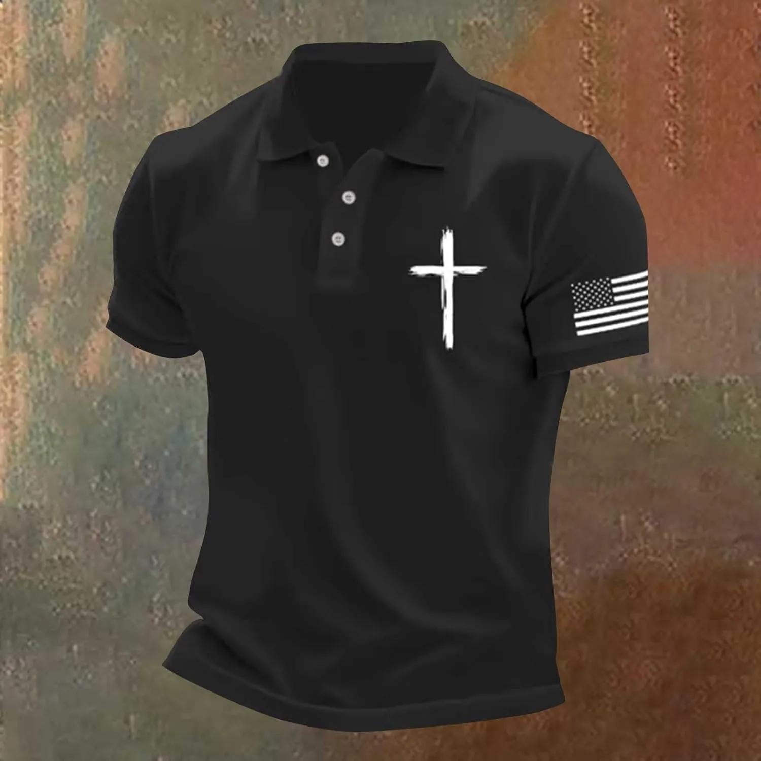 Patriotic Polo Shirts for Men 4th of July Flag Christian Faith Cross Printed Short Sleeve Button Lapel Golf Shirts