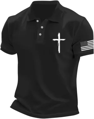 Patriotic Polo Shirts for Men 4th of July Flag Christian Faith Cross Printed Short Sleeve Button Lapel Golf Shirts