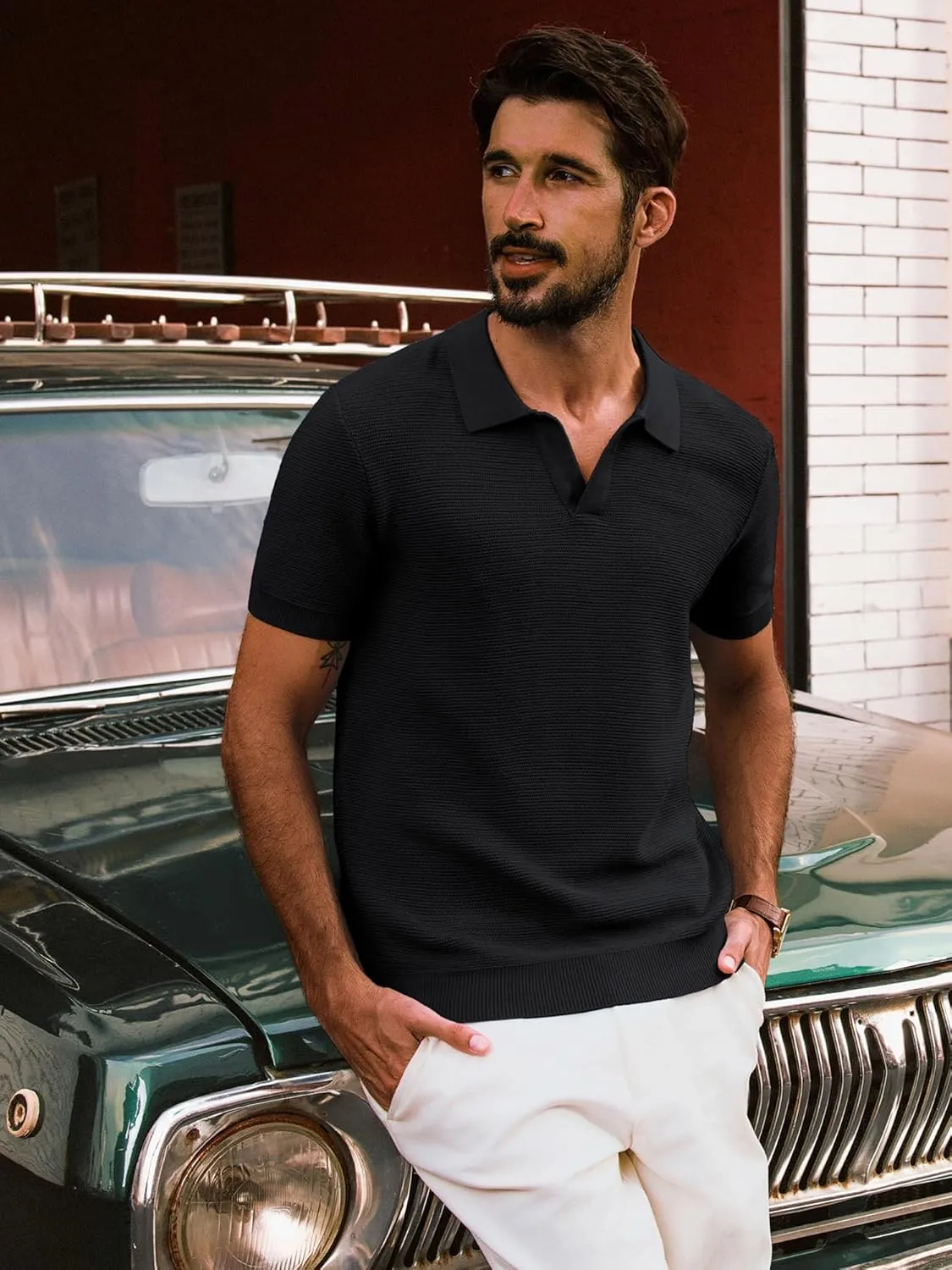 PJ PAUL JONES Mens Polo Shirts Short Sleeve Casual V Neck Ribbed Textured Knit Polo Shirt