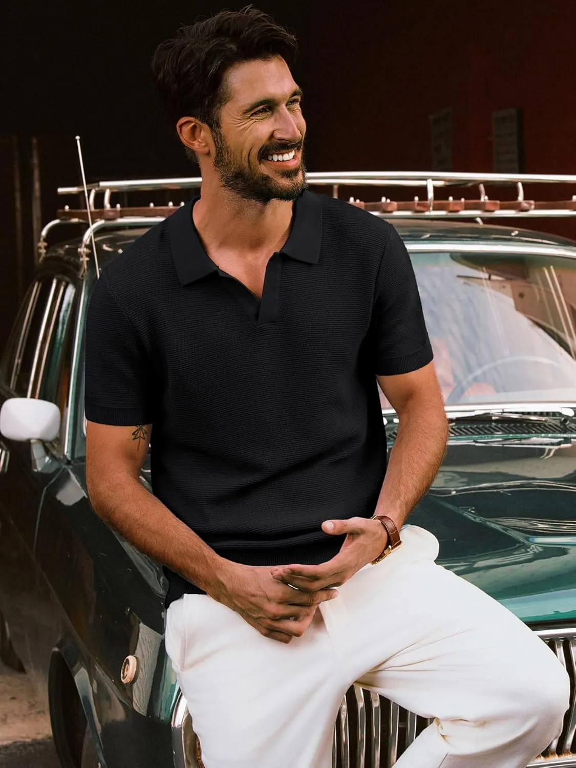PJ PAUL JONES Mens Polo Shirts Short Sleeve Casual V Neck Ribbed Textured Knit Polo Shirt