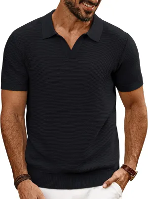 PJ PAUL JONES Mens Polo Shirts Short Sleeve Casual V Neck Ribbed Textured Knit Polo Shirt