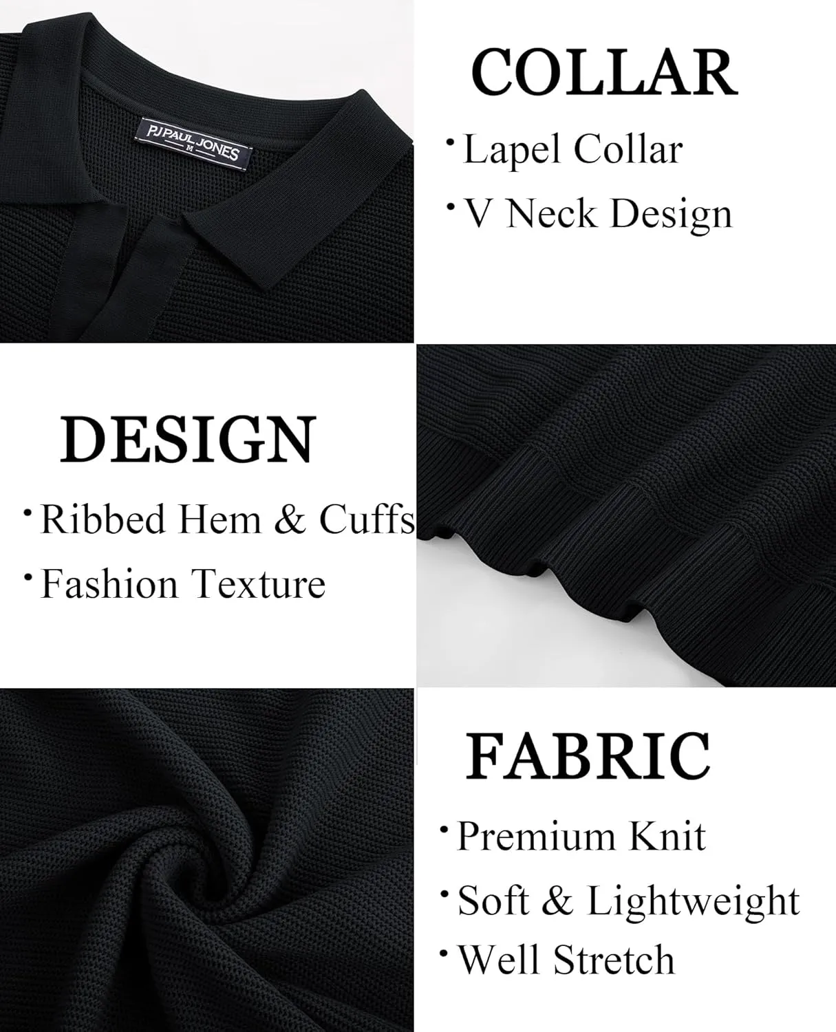 PJ PAUL JONES Mens Polo Shirts Short Sleeve Casual V Neck Ribbed Textured Knit Polo Shirt
