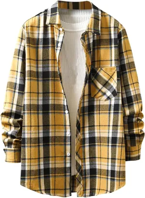 Plaid Flannel Shirt Jacket Men Turn Down Collar Shirt Lightweight Shirt Jacket Fashion Long Sleeve Shirts Button Down Shirt