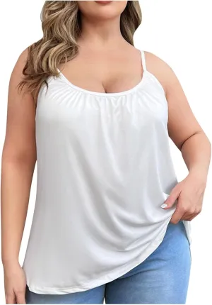 Plus Size Camisoles for Women Bulit in Bra Summer Casual Spaghetti Strap Tank Tops Loose Fit Sleeveless Pleated Shirt