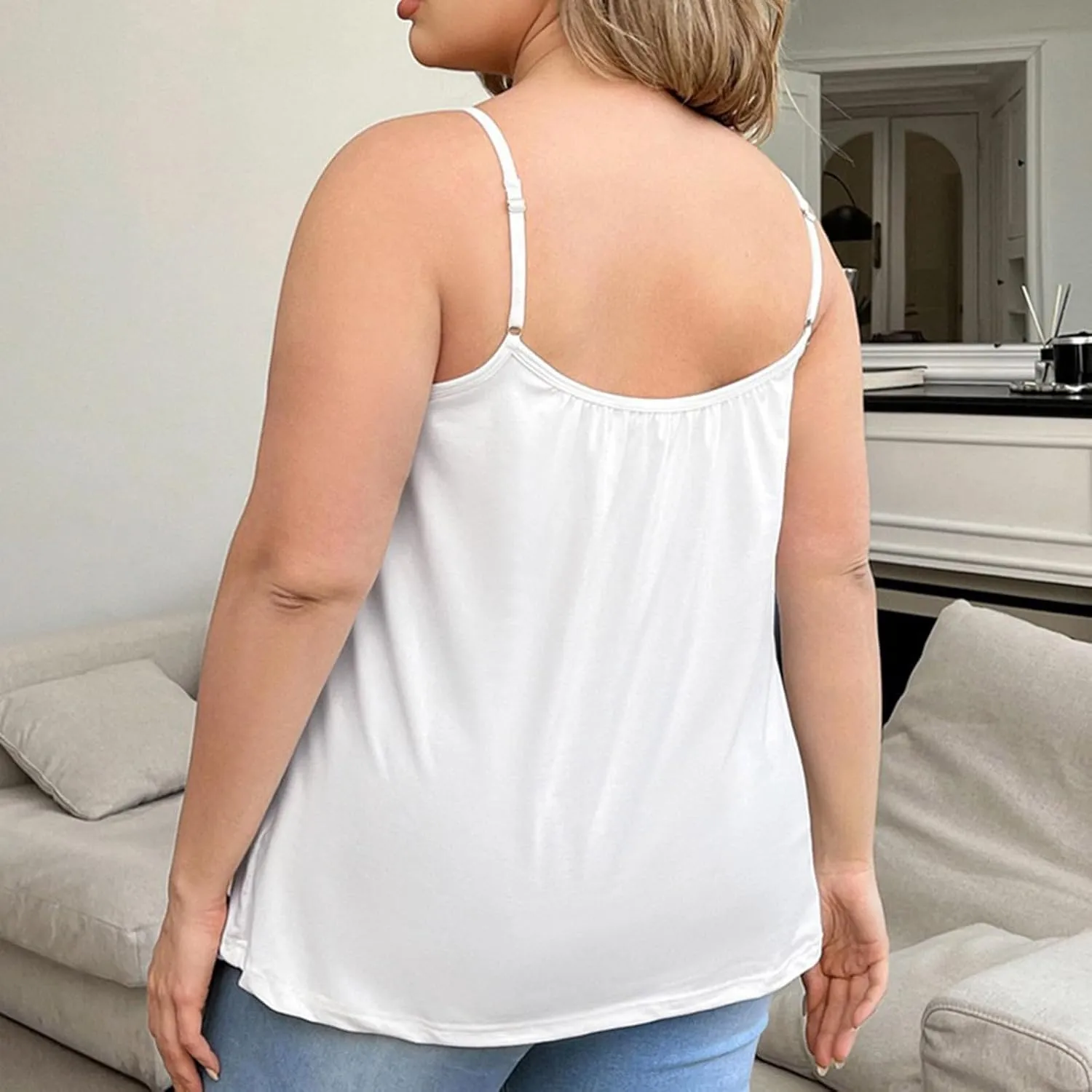 Plus Size Camisoles for Women Bulit in Bra Summer Casual Spaghetti Strap Tank Tops Loose Fit Sleeveless Pleated Shirt