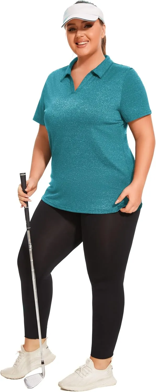 Plus Size Polo Shirts for Women Short Sleeve Golf Shirts V Neck Loose Fit Tennis Shirts Quick-Drying Workout Tops