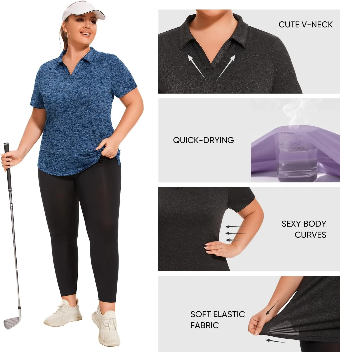 Plus Size Polo Shirts for Women Short Sleeve Golf Shirts V Neck Loose Fit Tennis Shirts Quick-Drying Workout Tops